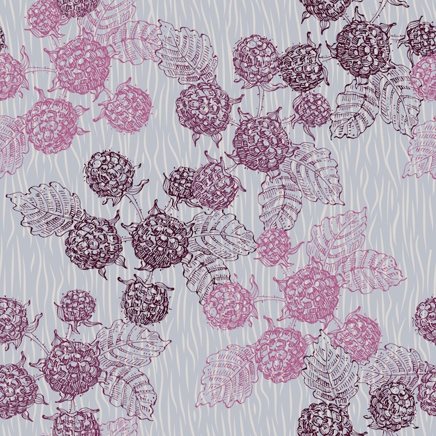 Raspberries and blackberries with abstract elements patterns seamles