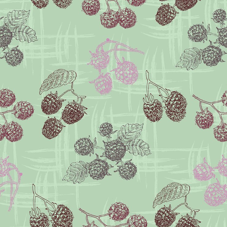 Vector raspberries and blackberries with abstract elements patterns seamles
