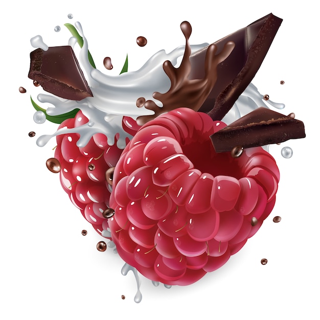 Vector raspberries with chocolate pieces and a splash of milk.