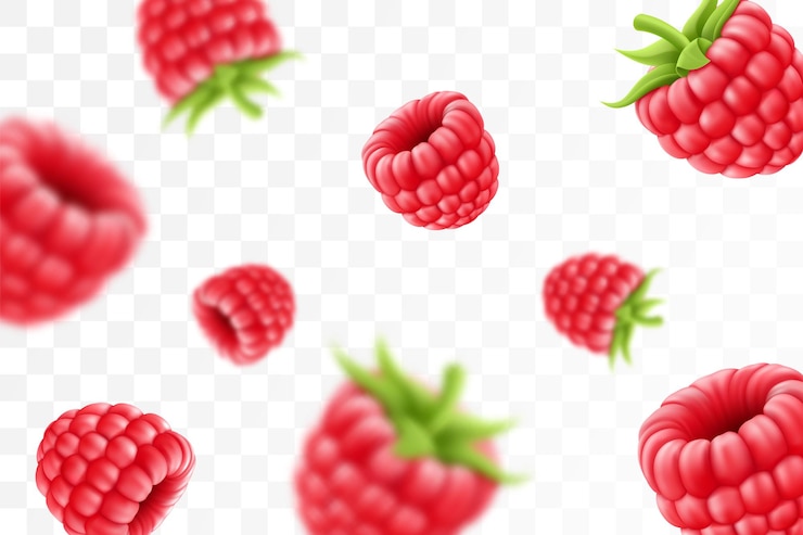 Vector raspberry background flying raspberry with green leaf on transparent background raspberry falling from different anglesfocused and blurry objects 3d realistic vector
