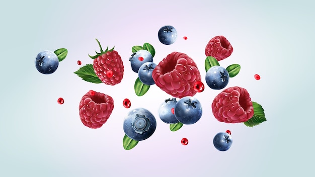 Raspberry and blueberry berries with drops of juice scattering in the space. Realistic illustration.