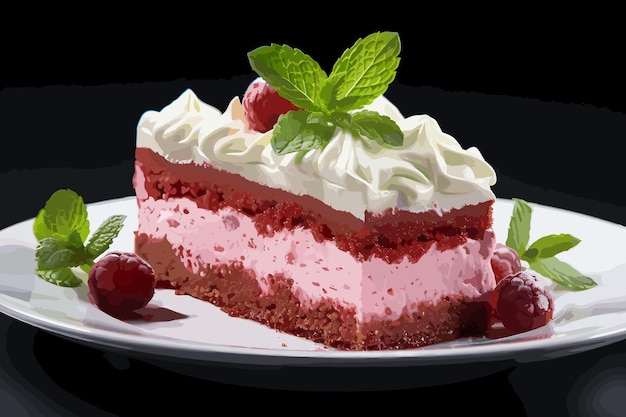 벡터 검정 접시에 라즈베리 케이크 흰색 배경에 흰색 접시에 라즈베리 케이크 한 조각