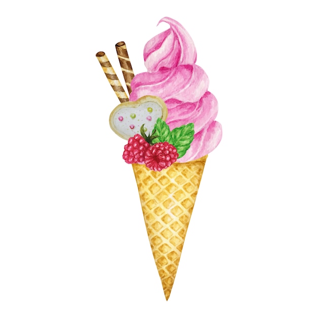 Raspberry ice-cream in waffle cone decorated with chocolate waffles, berries, cookies and candies. Pink Fruit Ice Cream Watercolor illustration isolated