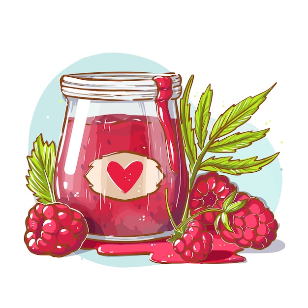 Vector raspberry jam in a glass bottle with raspberry.