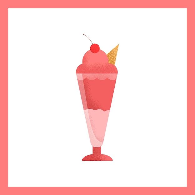 Raspberry Milkshake with Ice Cream Cherry and Cone Vector Texture Illustration