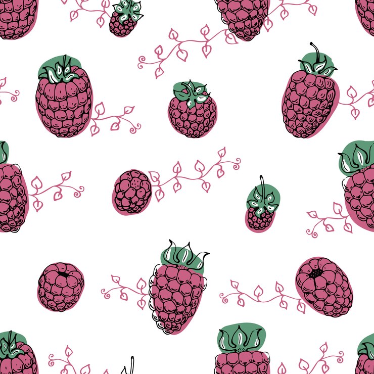 Vector raspberry seamless pattern. hand drawn vector backgrounds for cafe or organic shops.