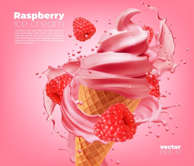 Raspberry soft ice cream cone with milk splash