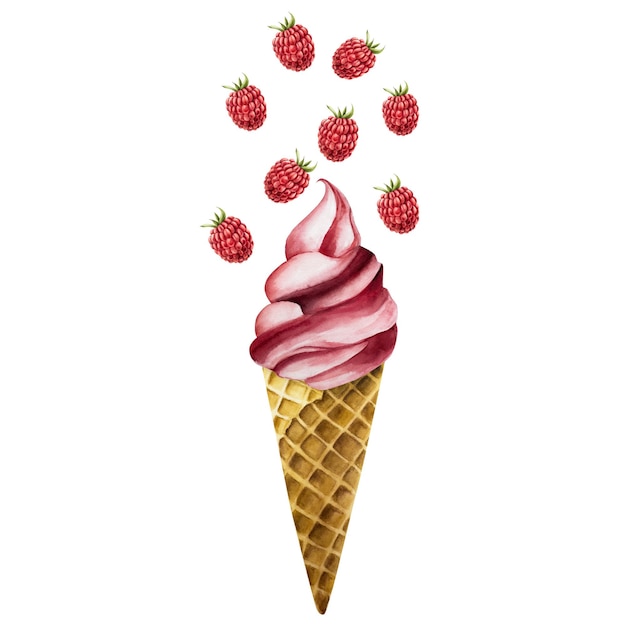 Raspberry soft ice cream with flying berries in crispy waffle cone Hand painting sweet watercolor i