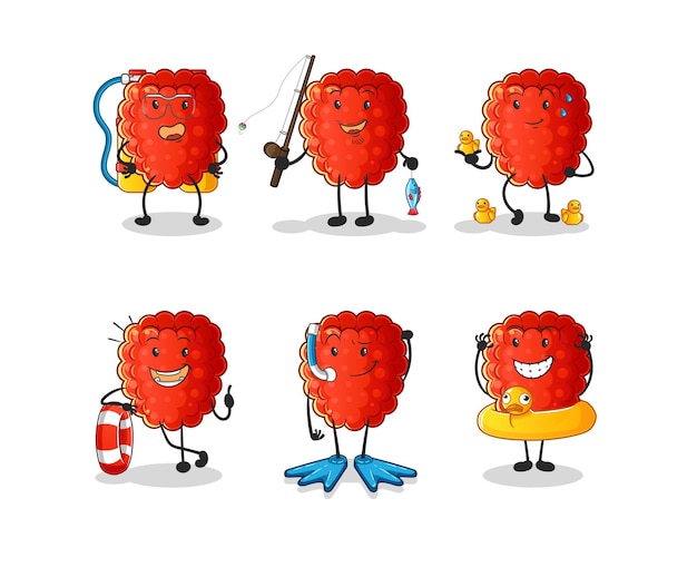 Raspberry water activity group. cartoon mascot vector