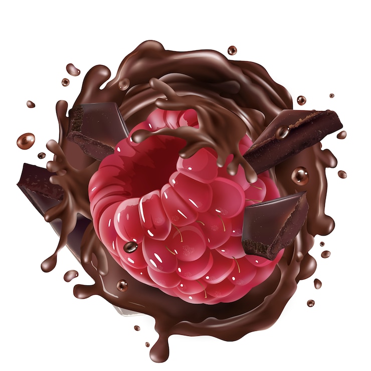 Vector raspberry with pieces and splashes of chocolate.