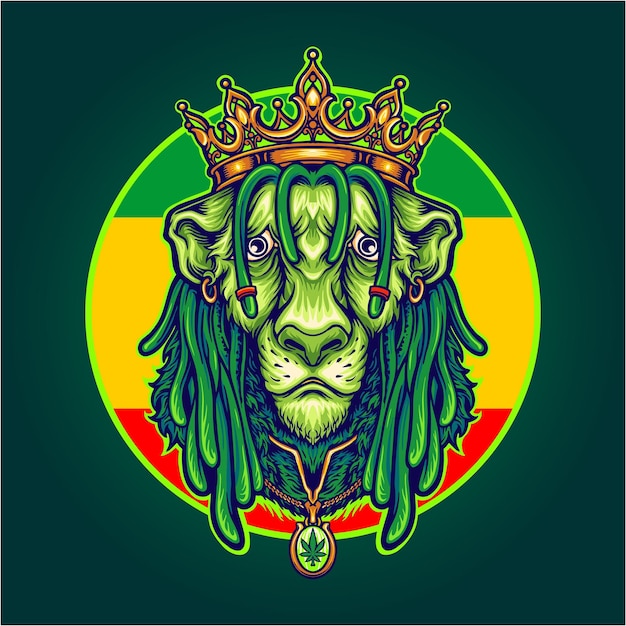 Rasta leeuwenkoning reggae met gouden kroon mascotte illustraties