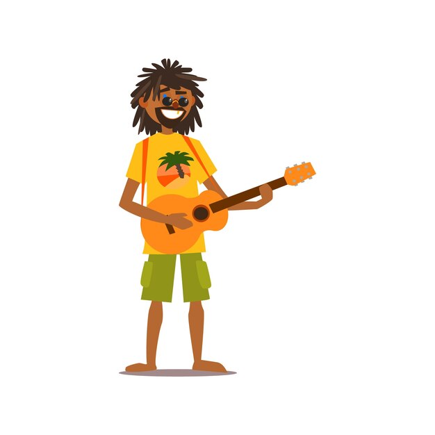 Rastafarian Playing Guitar Isolated Primitive Design Style Vector Illustration on White Background