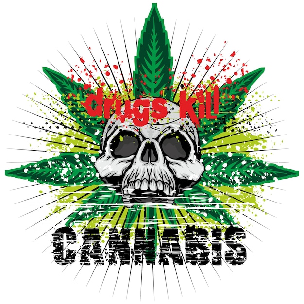 Vettore segno rasta con teschio e foglie di cannabis grunge design vintage t-shirt