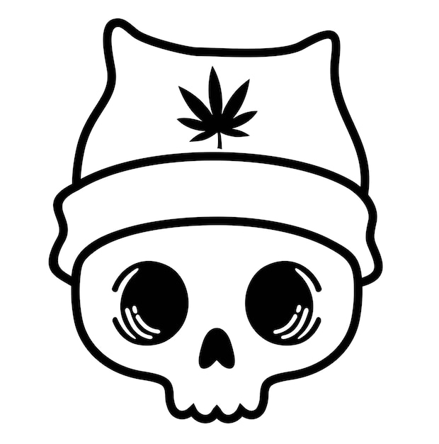 Rastaman skull with hat and marijuana leaf Skull weed Cute skull in a hat with a hemp leaf Sketch