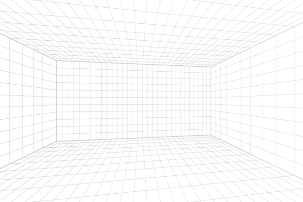Raster perspectief witte kamer met grijze draadframe achtergrond. digitaal cyberbox-technologiemodel. vector abstracte architecturale sjabloon