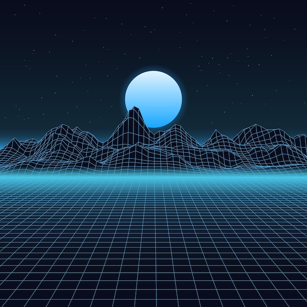 Rasterberg draadheuvels 80s videogame lijnstijl wireframe landschap futuristisch behang vector bergen met zon mesh structuur panorama