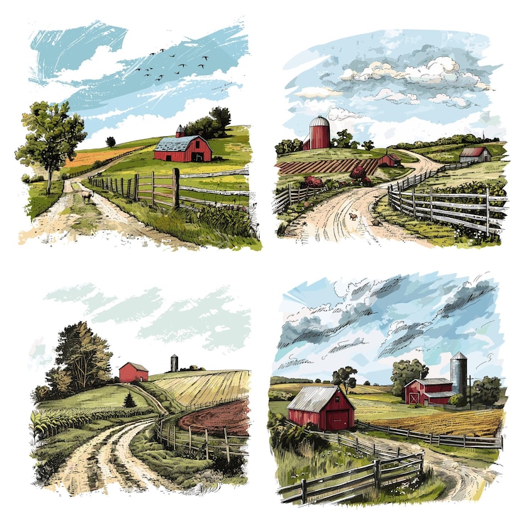 Vector rasterillustratieset met kleurengravure van het landschap van de boerderij geïsoleerd op een witte achtergrond
