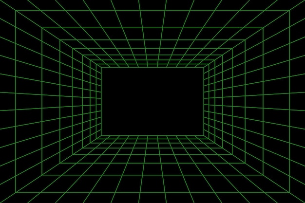 Rasterruimte in perspectief in 3D-stijl. Indoor wireframe van groene laserstraal, digitale lege doos