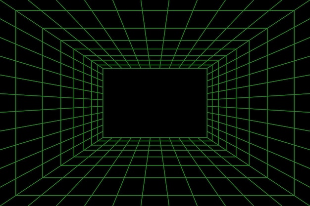 Rasterruimte in perspectief in 3d-stijl. indoor wireframe van groene laserstraal, digitale lege doos