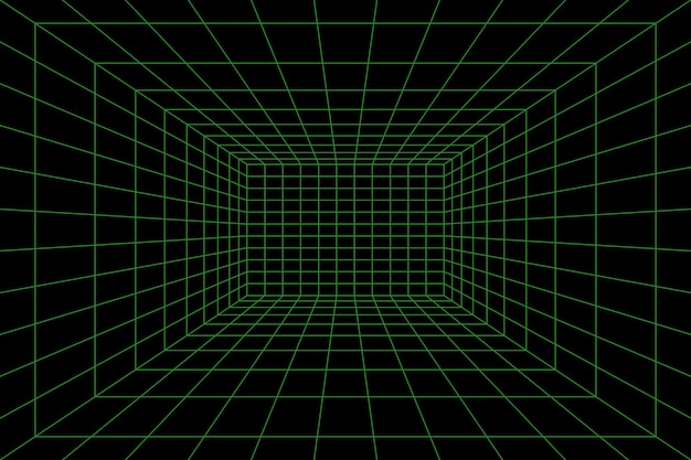 Rasterruimte in perspectief in 3D-stijl. Indoor wireframe van groene laserstraal, digitale lege doos