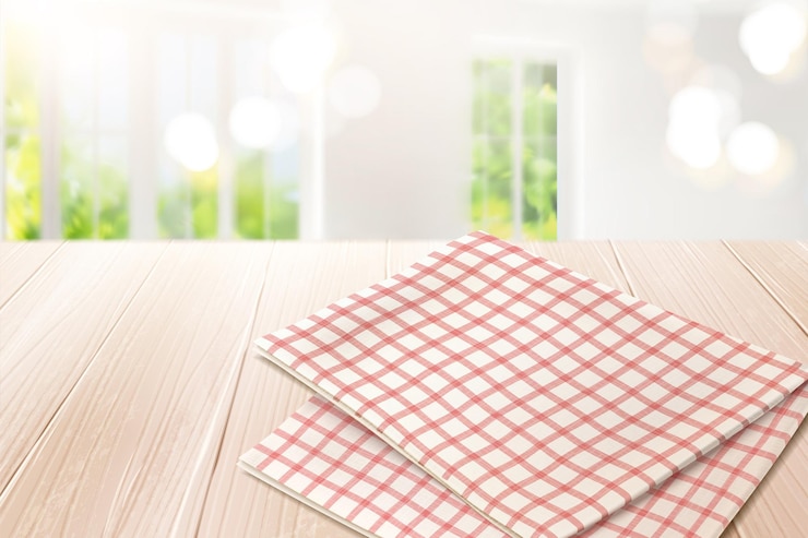 Vector rastertafelkleed op houten tafel en bokeh binnen in 3d illustratie
