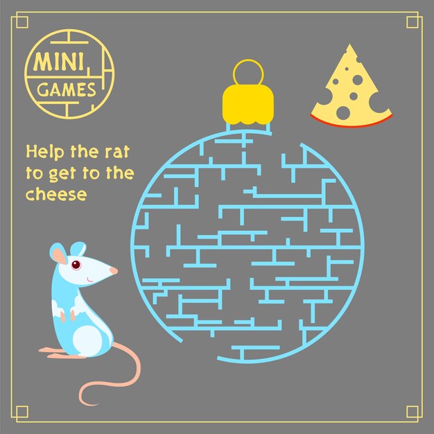 Vector rat with christmas toy maze and cheese help the rat get to the cheese minigame children's puzzle