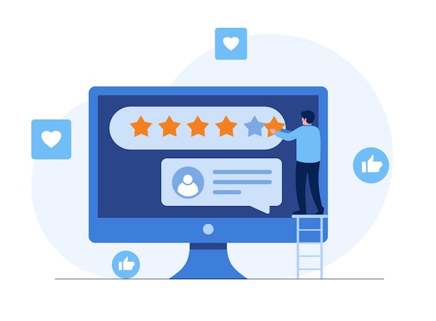 Rate us for 5 stars consumer review pointing to five stars as a rating result user rating or feedback flat vector illustration banner