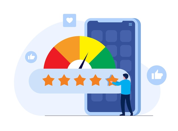 Vector rate us for 5 stars consumer review pointing to five stars as a rating result user rating or feedback flat vector illustration banner