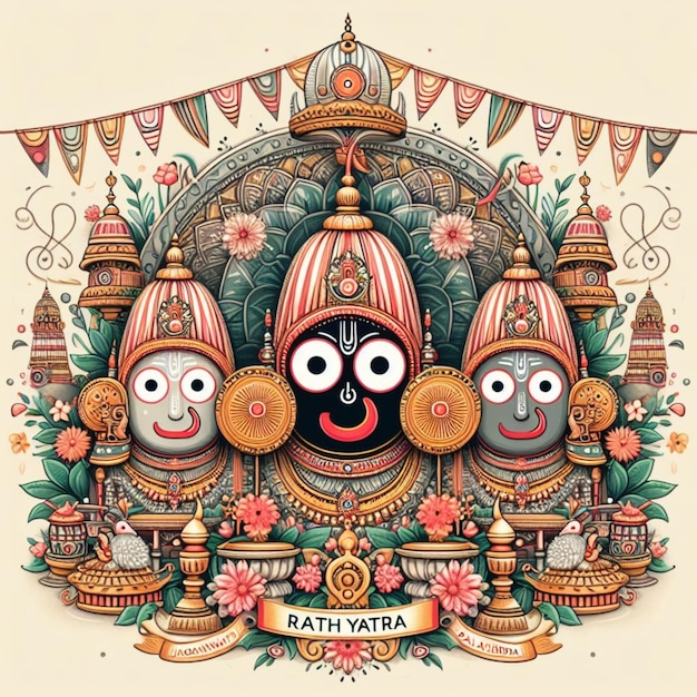 Rath Yatra vector illustration of deities Jagannath Subhadra Balabhadra