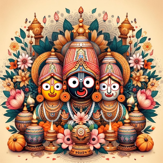 Rath Yatra vector illustration of deities Jagannath Subhadra Balabhadra