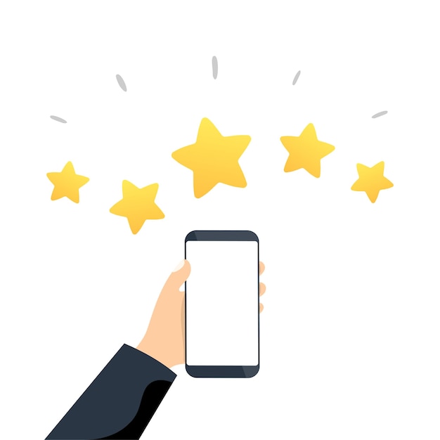 Rating concept illustration with hand hold phone and stars