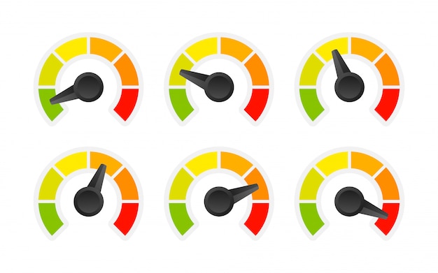 Vettore valutazione del misuratore di soddisfazione del cliente. emozioni diverse dall'arte dal rosso al verde. elemento grafico concetto astratto di contagiri, tachimetro, indicatori, punteggio. illustrazione.