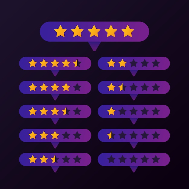 Rating gold stars set button on purple background vector