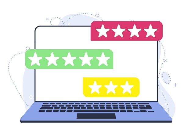 Valutazione del feedback di revisione della scala di valutazione sotto forma di stelle su un laptop