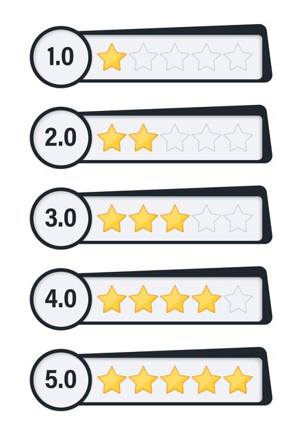 Distintivi di stelle di valutazione. cinque stelle per web o app. concetto di feedback. pulsanti per i siti.