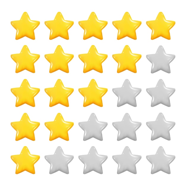 Rating Stars Icons Set Vector Light Neumorphic Design Elements On White Background Customer Product Rating Review Or Game Achievement Neumorphism Style Yellow And Empty Star Icons