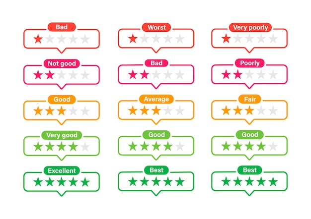 Rating stars set feedback evaluation from worst before excellent rank quality vector illustration