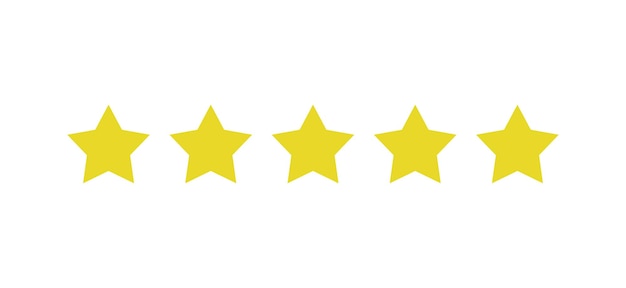 Значок рейтинговой наклейки с пятью золотыми звездами на белом фоне. Плоский дизайн. Белый фон.