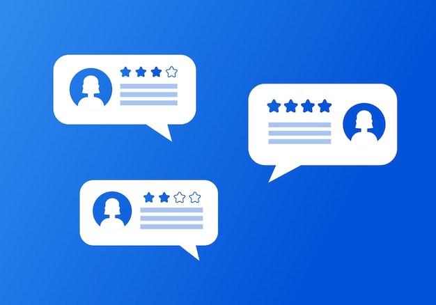 Ratings message bubble icons Flat blue star rating speech bubbles silhouettes of people Vector icons