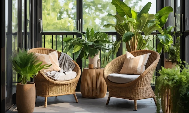 Vettore mobili da giardino in rattan sul balcone, sulla terrazza o sul tetto con vasi di piante domestiche interni moderni accoglienti in stile ecologico con tavoli e sedie verdi