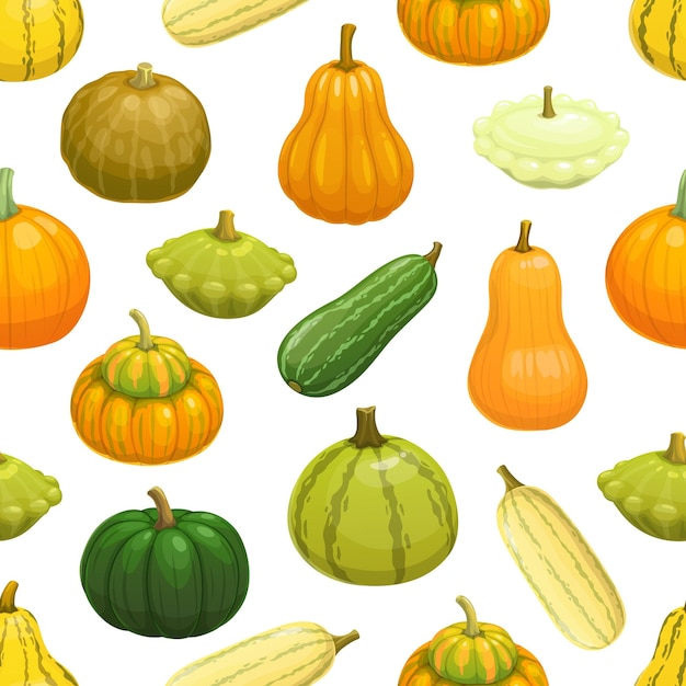 Rauwe courgette pompoen squash en butternut naadloze patroon met herfst oogstgroenten Vector achtergrond met verse boerderij groene courgette en squash oranje pompoen en gele butternut groenten