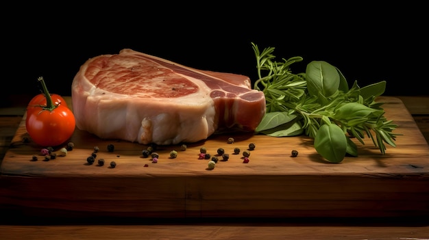 Rauwe gegrilde biefstuk met basilicum en peper op een houten snijplank