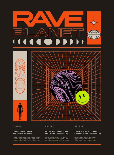 Rave party poster or flyer design template with modern retrowave graphic elements on black background. Vector illustration