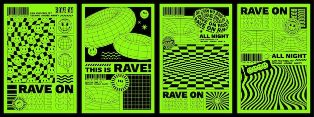 Rave psychedelic acid posters Surreal geometric shapes retro futuristic abstract background