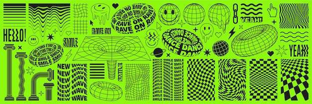 Rave psychedelic acid set with smile stickers trippy illustrations in trendy weird 90s style