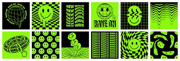 Vector rave psychedelisch zuur sticker set trippy illustraties druipende glimlach surrealistische geometrische vormen