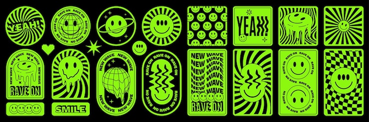 Vector rave psychedelisch zuur sticker set trippy illustraties druipende glimlach surrealistische geometrische vormen