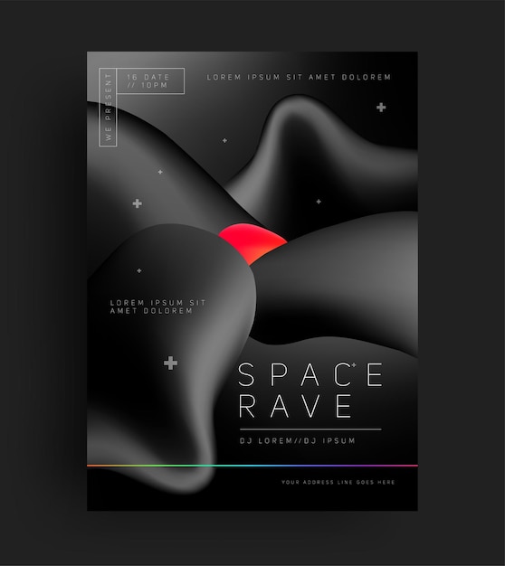 Rave or techno music party or concert flyer or poster design template with abstract black liquid geometric shapes vector illustration