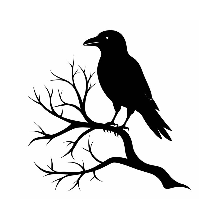 Vector raven bird silhouette on tree branch vector