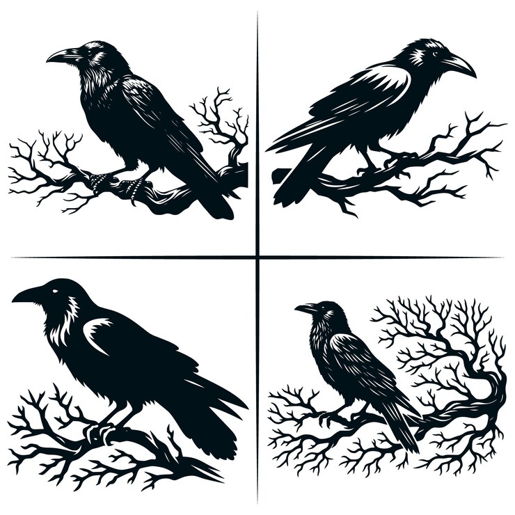 Vector raven on a branch crow svg black raven svg for cricut raven outline halloween crow bird